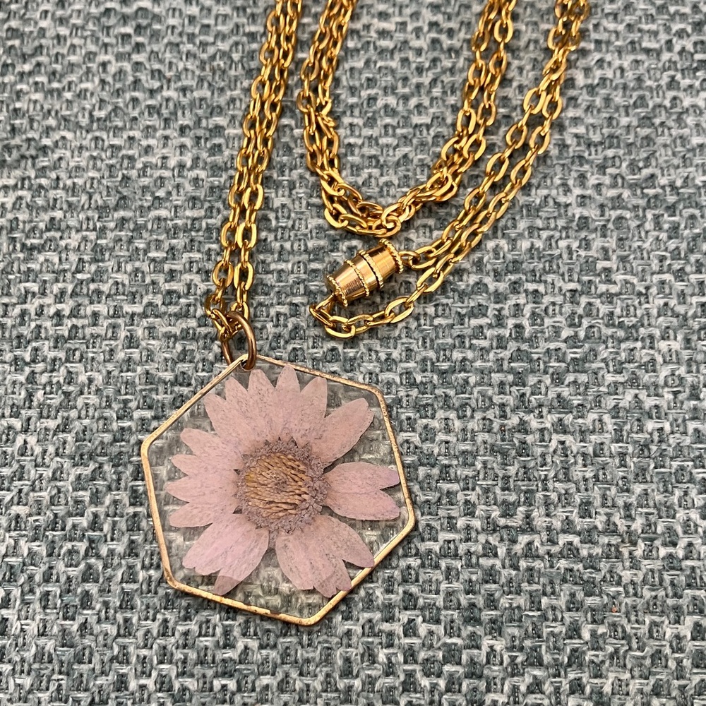 Pressed Flower Resin Gold Hexagon Floral Pendant Long Chain Necklace